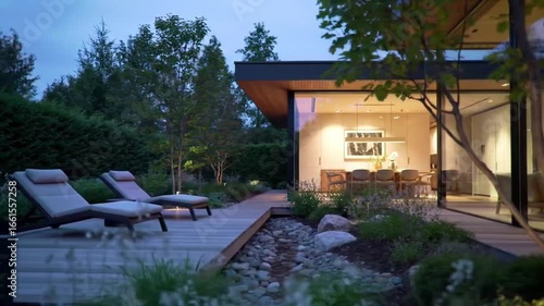 Wallpaper Mural Modern House Exterior with Garden and Lounge Chairs at Dusk Torontodigital.ca