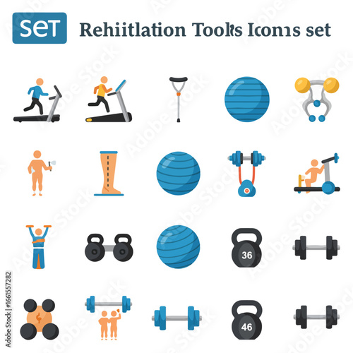 Collection of rehabilitation tools icons featuring exercise equipment, weights, and assistive devices for physical therapy.