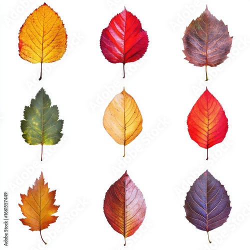 Nine autumn leaves, various colors and shapes, isolated on white
