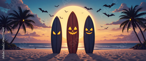 Halloween surfboards with pumpkin face designs standing in sand, bats flying in tropical sunset sky, palm tree silhouettes glowing with lanterns, vector art, highly detailed, playful yet spooky summer