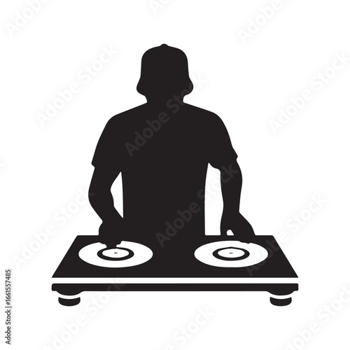 DJ silhouette at turntable deck. Disc jockey icon scratching vinyl records. Minimalist black and white vector for club, party, and music festival logo.
