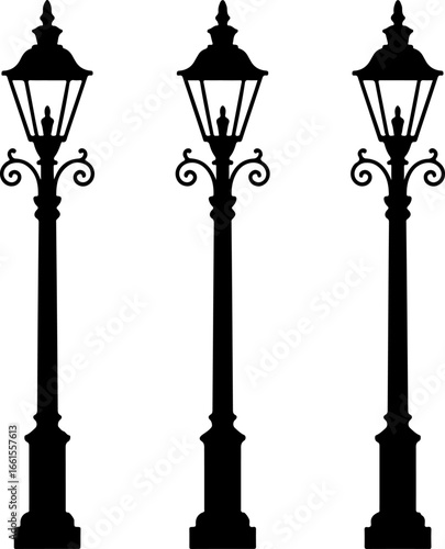 a black silhouette illustration of three classic street lamps