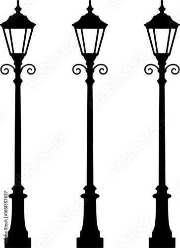 a black silhouette illustration of three classic street lamps