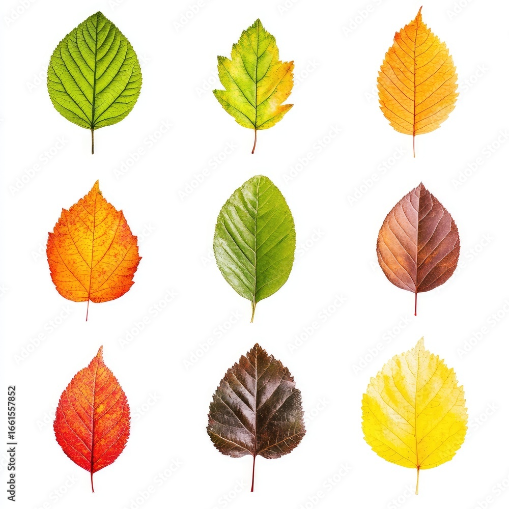 Obraz premium Nine autumn leaves in various colors against white