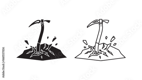 Mining pickaxe striking rock with black and white outline