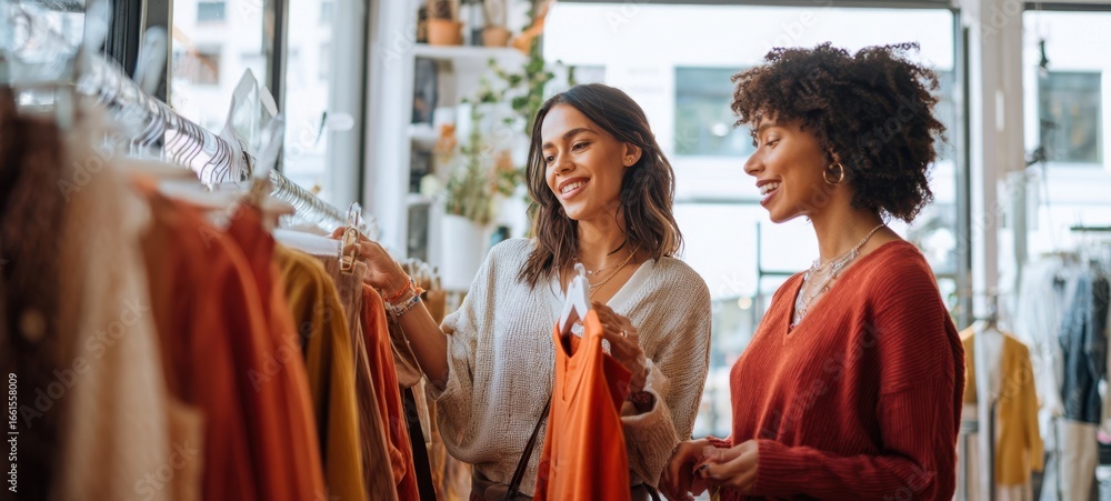 Obraz premium The women enjoying a shopping experience in a trendy boutique.