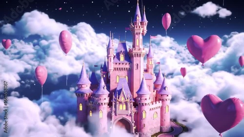 A whimsical pink fairytale castle floating among soft clouds with numerous heart-shaped balloons under a starry night sky.