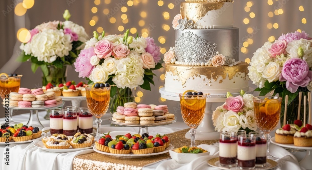 Fototapeta premium A dessert table with a cake, macarons, fruit tarts, drinks, and flowers under string lights