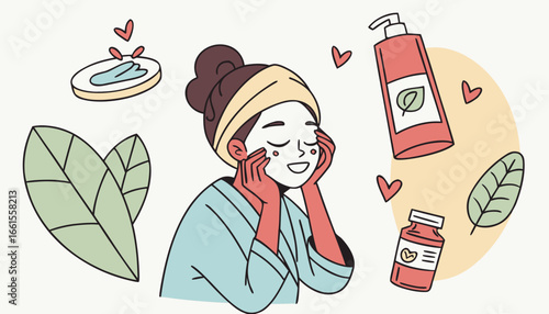 Skin care concept. Young girl puts mask on her face, health care, beauty and hygiene. Woman with beauty products, SPA treatments, moisturizing gel, hygienic procedure. Cartoon flat vector illustration