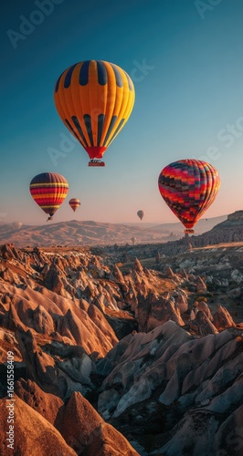 Hot air balloons over Cappadocian landscape at sunrise