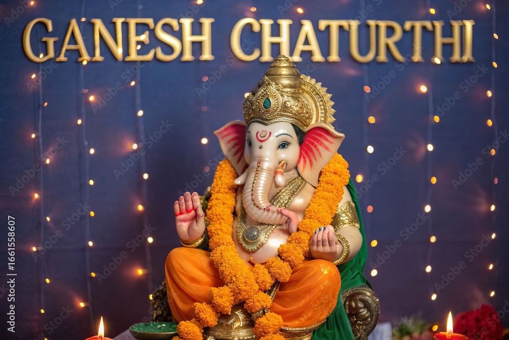 Obraz premium Ganesh Chaturthi, Sacred photorealistic idol of Lord Ganesha glowing with divine aura.