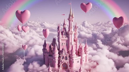 A whimsical pink fairytale castle floating majestically among fluffy white clouds with a vibrant rainbow arching overhead and numerous pink heart balloons drifting around.