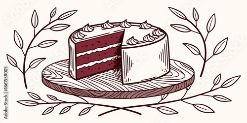 Crimson velvet cake on a rustic board vector illustration isolated foliage