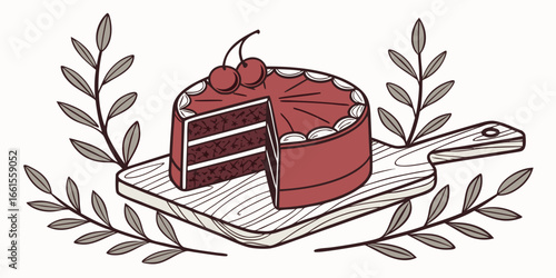 Crimson velvet cake on a rustic board vector illustration isolated foliage