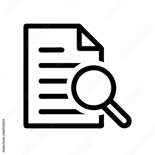 Document with text and a folded corner being examined with a magnifying glass in black and white style