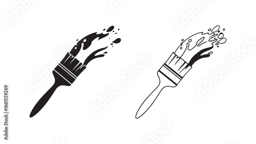 Paint brush with splashes, black and white outline