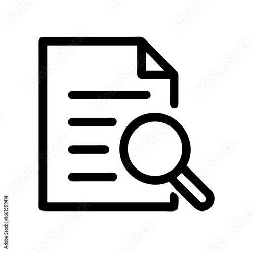 Document search icon showing a sheet of paper with text lines and a magnifying glass for investigation