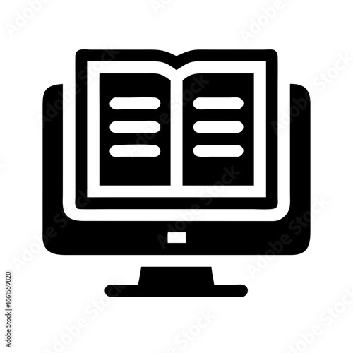 Black and white icon of a computer monitor displaying an open book with horizontal lines as text