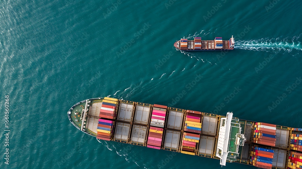 Fototapeta premium Aerial view of two large cargo container ships sailing across a vast blue ocean showcasing global trade and logistics