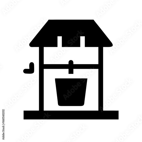 Illustration of a water well with a bucket hanging inside and a crank on the side in solid black color