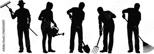 Gardening silhouette vector set showing people with rake, shovel, watering can, pitchfork for lifestyle, farming, and seasonal themes