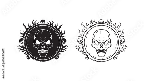 Skull emblem with flames and skulls
