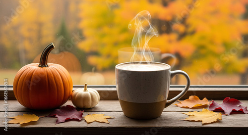 Cozy autumn morning with a steaming cup of coffee, pumpkins, and colorful fall leaves on a windowsill