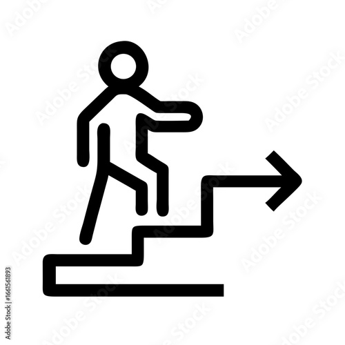 Simple line drawing of a person climbing stairs with an arrow indicating forward direction and progress
