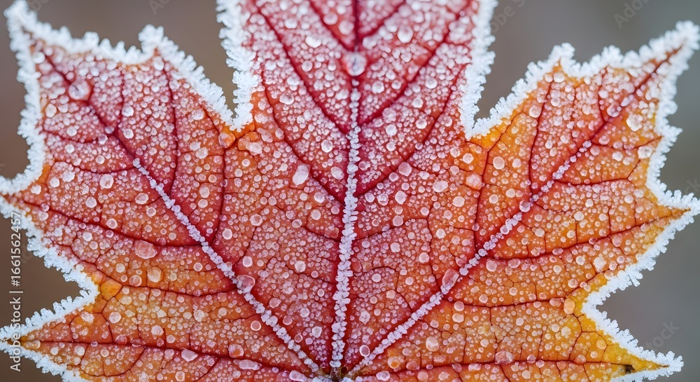 Obraz premium Detailed Frost Covered Red Maple Leaf in Early Winter Morning
