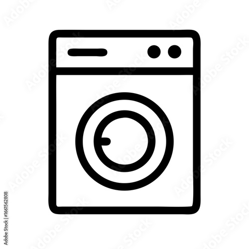 Illustration of a front loading washing machine with two control buttons and a knob is shown