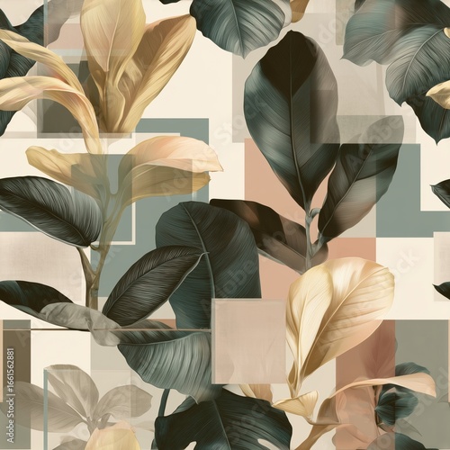 Seamless Tropical Botanical Pattern with Monstera Leaves and Geometric Shapes