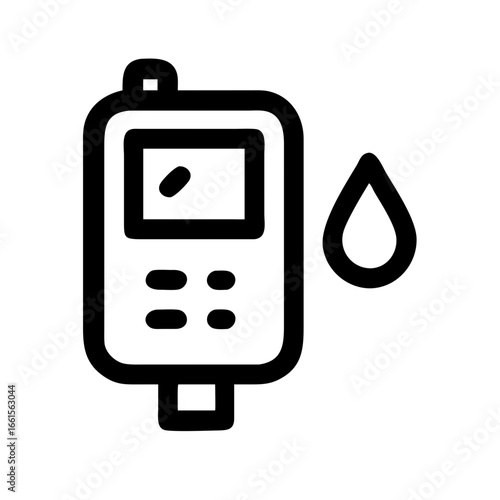 Illustration of a blood glucose meter with a screen buttons and a blood drop on a white background