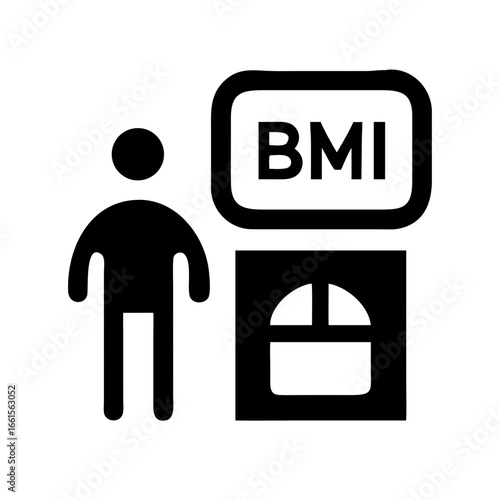 Person standing next to a bmi sign and a scale indicating body mass index measurement tool usage
