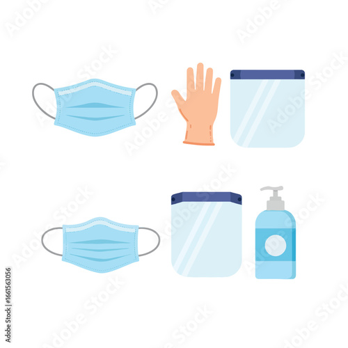 Essential personal protective equipment: face masks, gloves, face shields, and hand sanitizer.