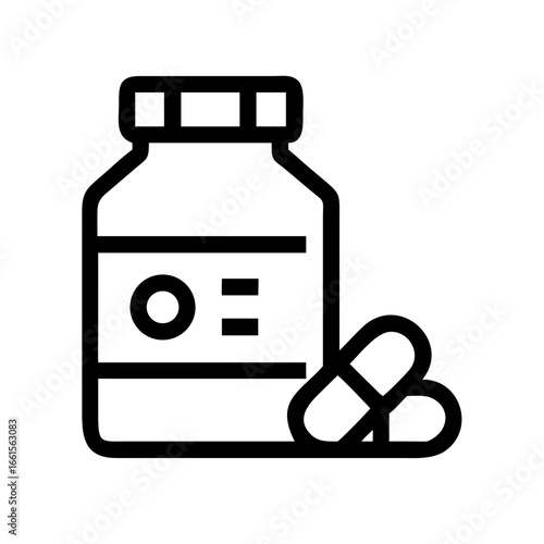 Outline illustration of a medicine bottle with a label and two capsules beside it in black and white