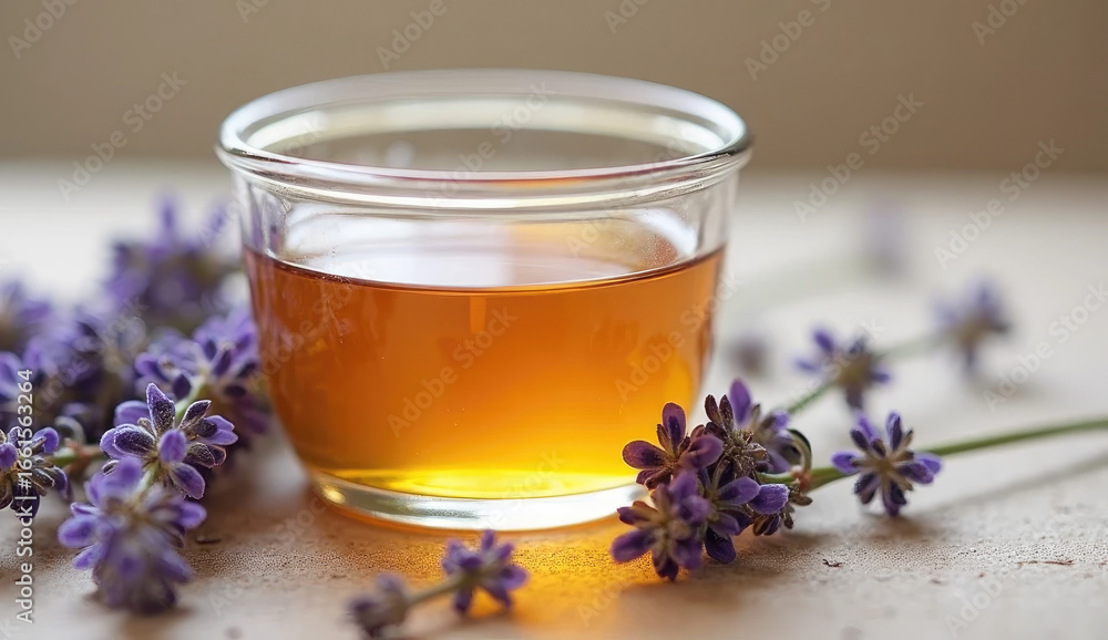 Fototapeta premium Rustic Minimal Composition with Amber Liquid and Fragrant Lavender
