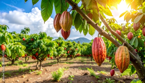 Cacao pods on trees in plantation