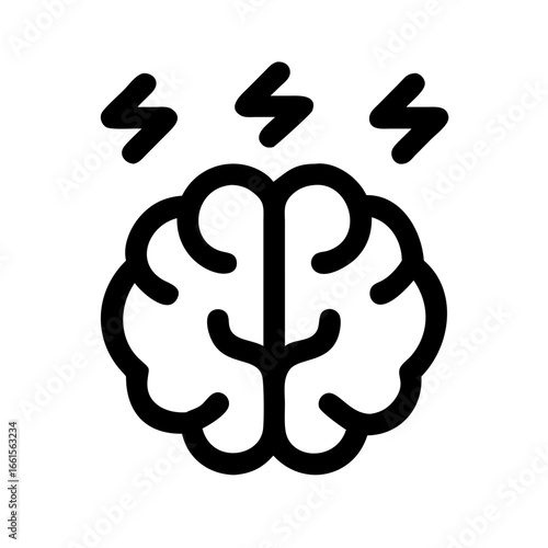Illustration of a brain with three lightning bolts above it symbolizing brainstorming and mental activity