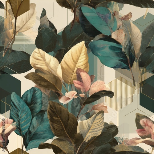 Abstract Tropical Pattern with Hexagon Shapes and Gold Accents