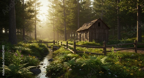 Cabane bois paisible aube dor�e for�t calme ruisseau. AI Generated