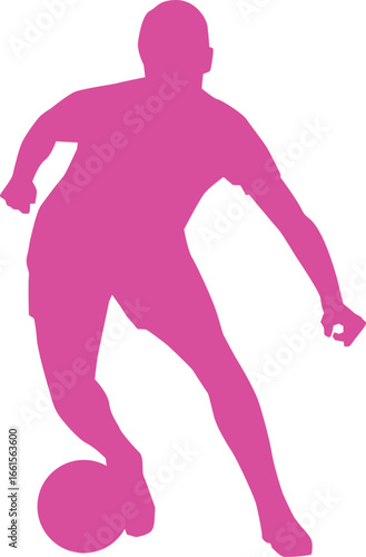 A pink silhouette of a soccer player dribbling a ball.