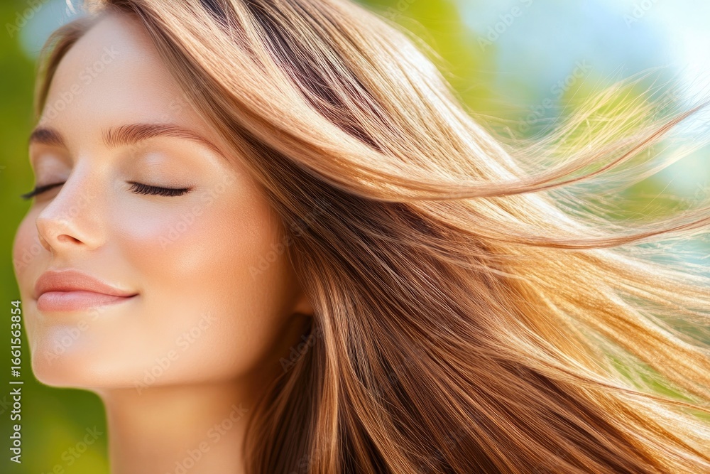 Fototapeta premium Radiant smiling woman with long hair in sunlit summer nature scene