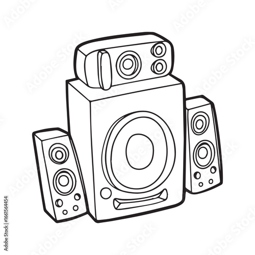 Audio Speaker System Doodle, Music Stereo Equipment Line Art Illustration
