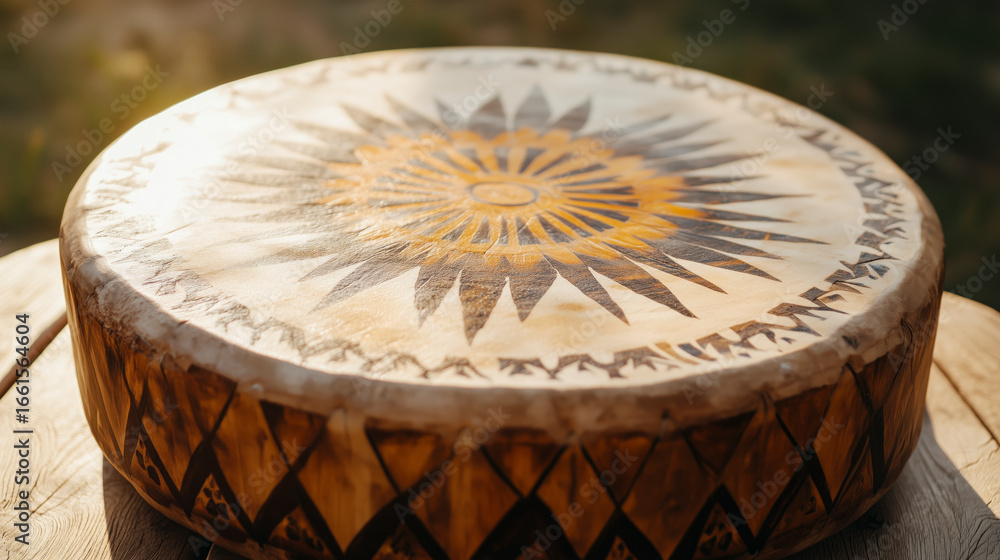 Fototapeta premium Close-up of an authentic shamanic drum with hand-painted tribal patterns