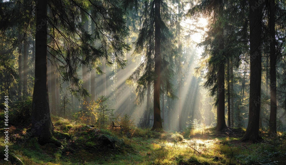 Obraz premium Sunlight streams through misty forest