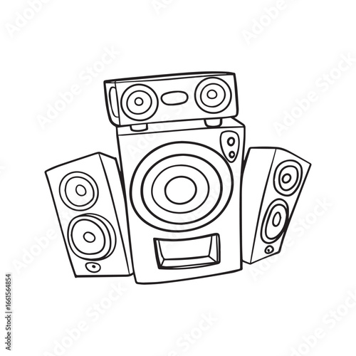 Audio Speaker System Doodle, Music Stereo Equipment Line Art Illustration
