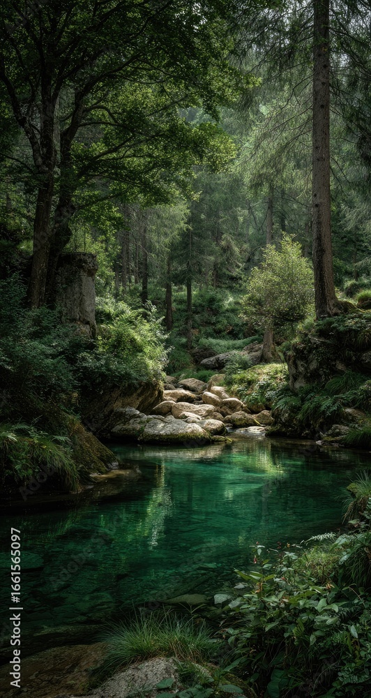 Naklejka premium Verdant forest stream reflecting the canopy