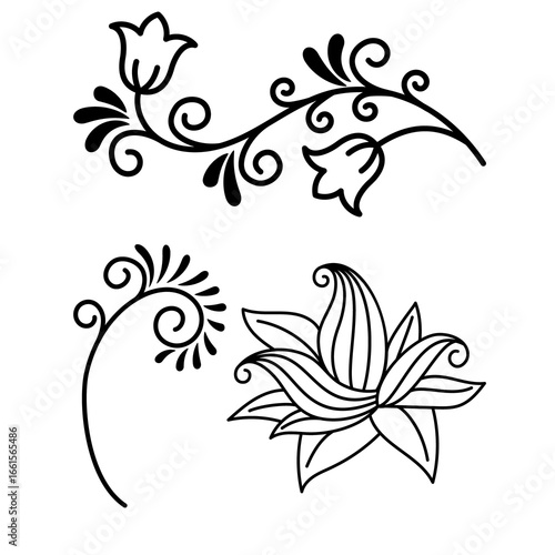 Decorative Floral Black And White Vector Illustration Design Elements