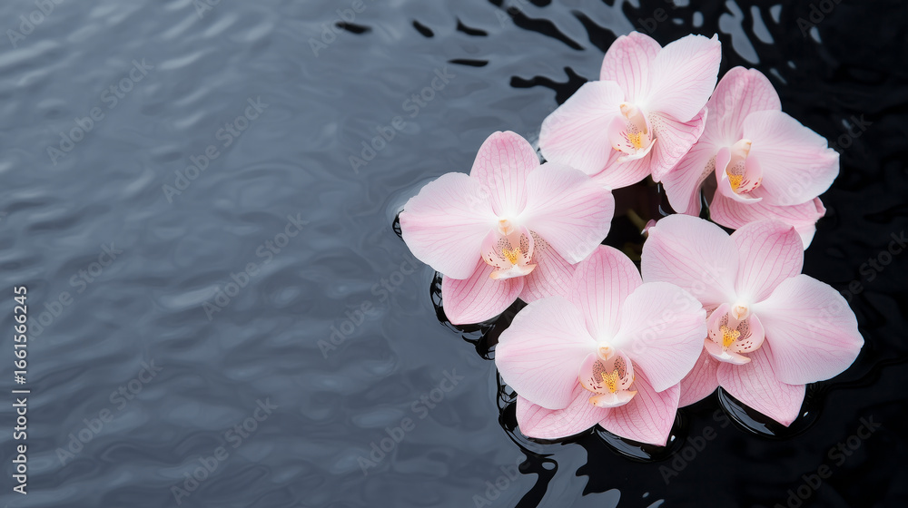 Fototapeta premium Minimalist flat lay of vibrant pink orchid blossoms on smooth dark water surface