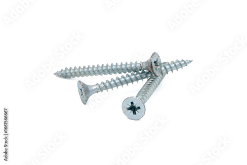 Three silver screws on white.